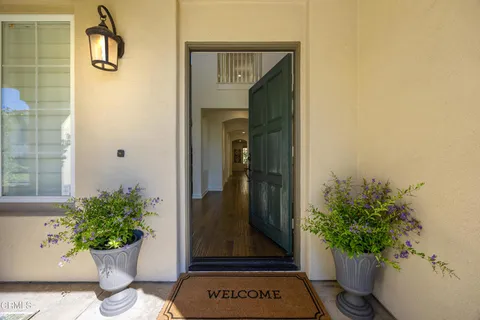 a view of a hallway with wooden floor and a potted plant