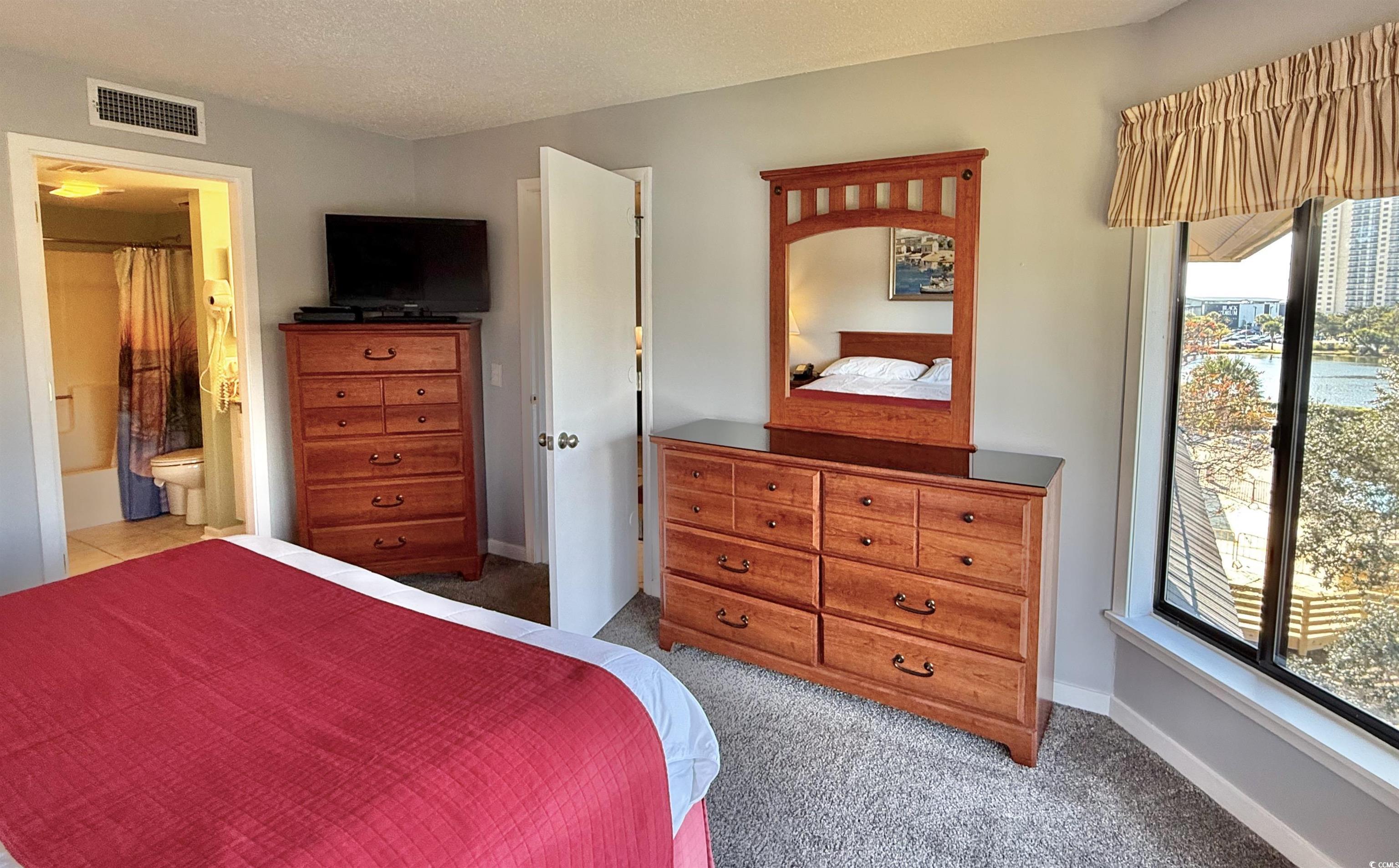 410 Melrose Place, Unit 310 Myrtle Beach, SC 29572 - Photo 27 of 39 Bedroom featuring light colored carpet, a textured ceiling, and connected bathroom