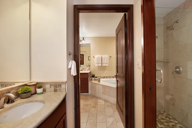 a bathroom with a granite countertop sink a mirror and a shower