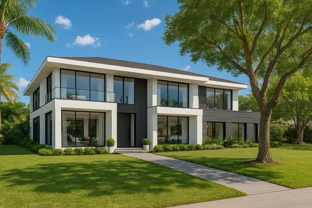 front view of a brick house with a yard