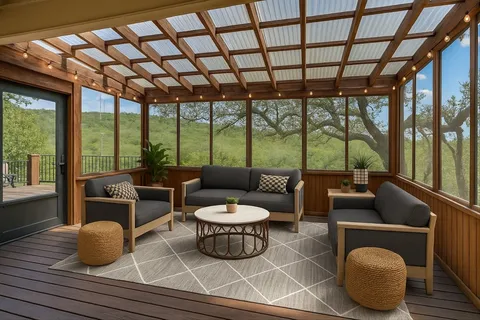 a living room with furniture and a floor to ceiling window