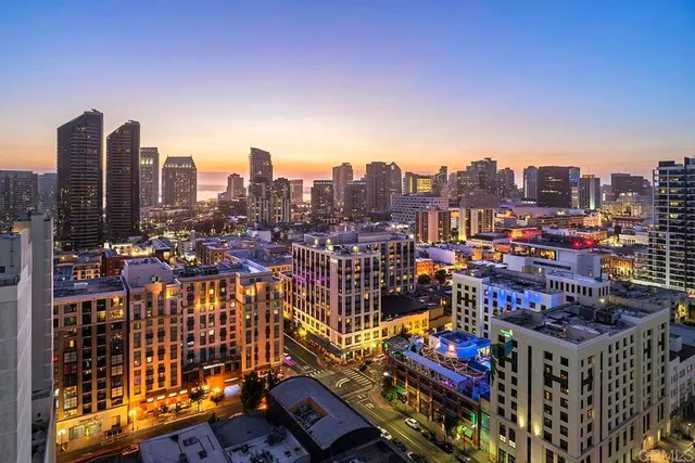 a city view with tall buildings