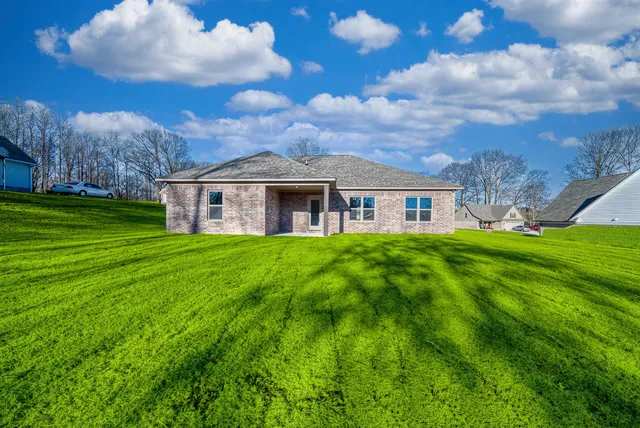 a view of a house with big yard and a large tree