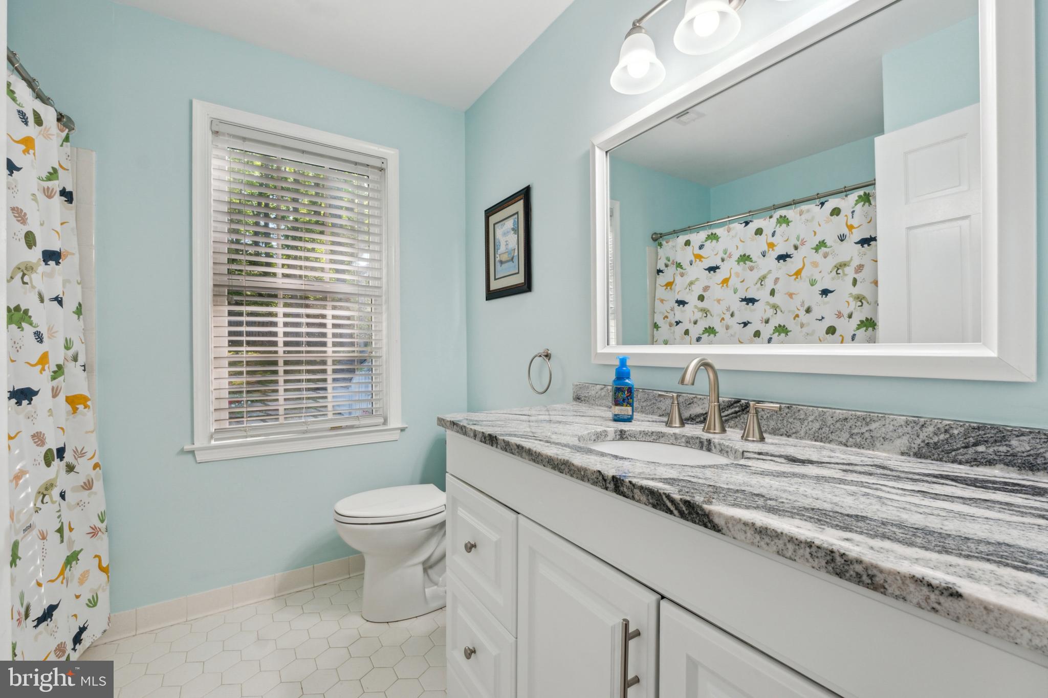 18600 Cabin Road Triangle, VA 22172 - Photo 34 of 39 a bathroom with a granite countertop sink toilet and a mirror