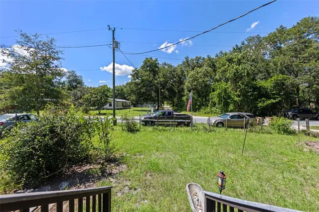 a garden view with a seating space