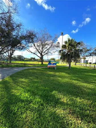 a view of a park with large trees