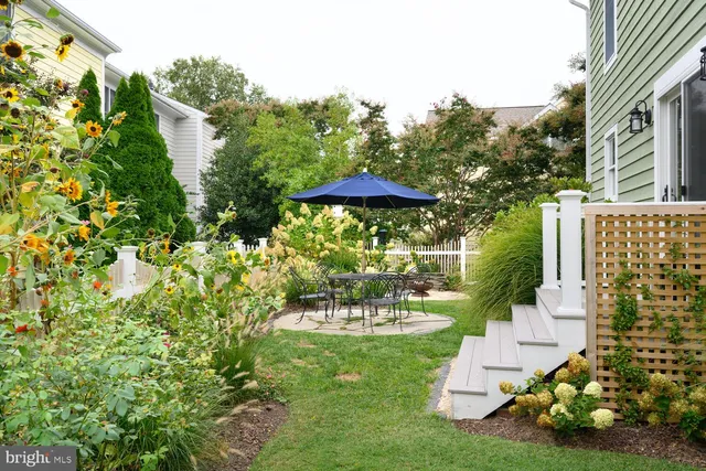 a view of a garden with patio