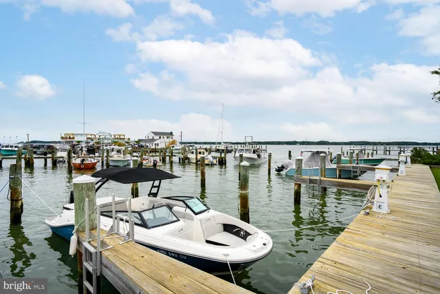 a view of a lake with houses in back