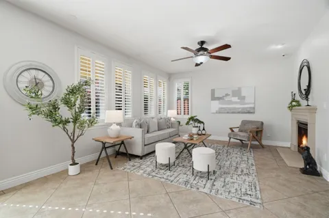 a living room with fireplace furniture and a potted plant