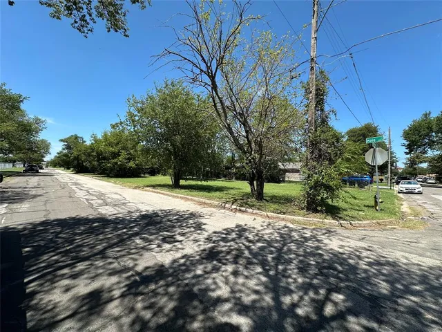 a view of a yard with plants and trees