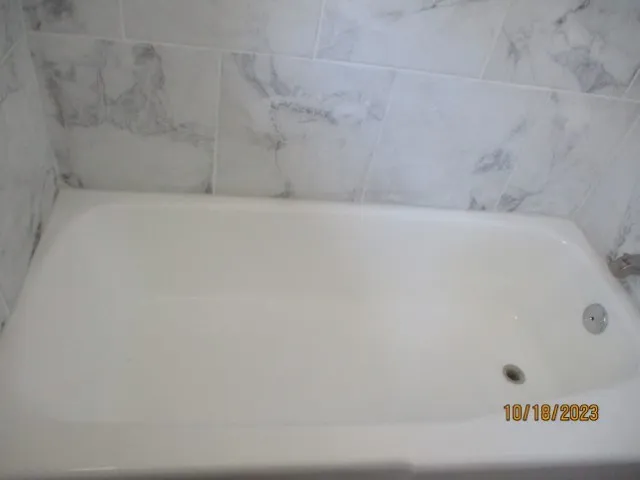 a bathroom with a bathtub