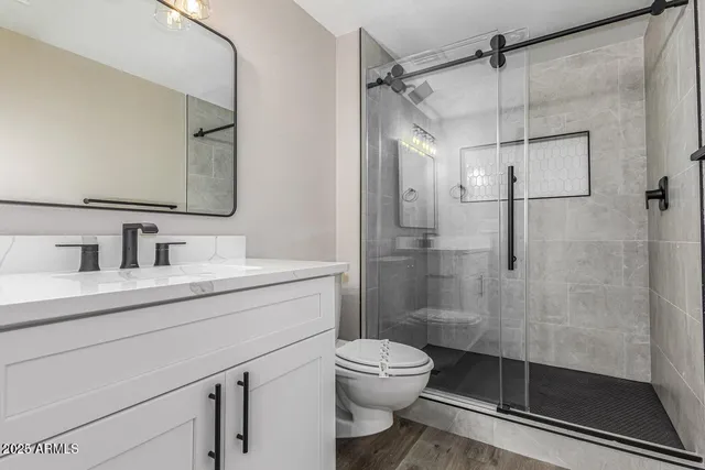 a bathroom with a shower sink mirror and toilet