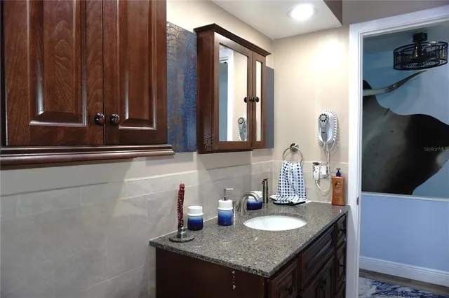 a bathroom with a granite countertop sink and a mirror
