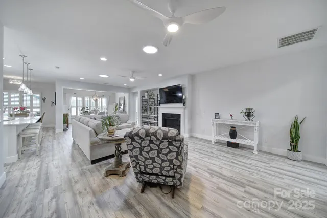 a living room with furniture or wooden floor and a fireplace