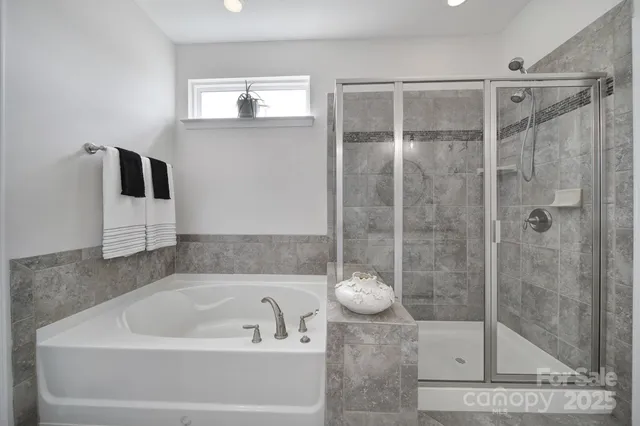 a bathroom with a bathtub and a shower