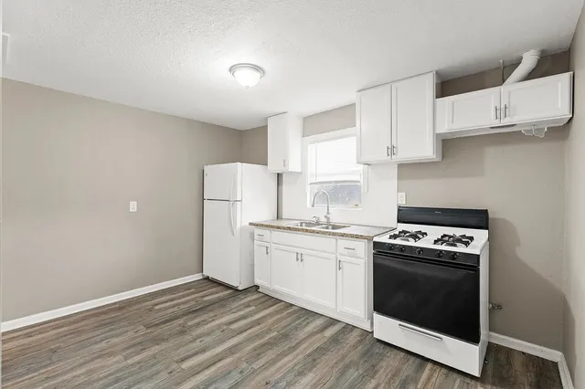 a kitchen with a stove a sink and a refrigerator