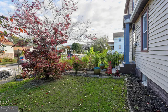 a view of backyard with plants and outdoor seating