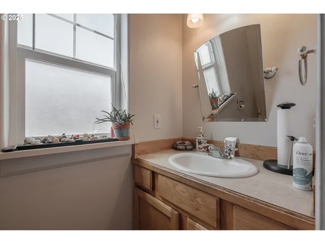 a bathroom with a sink mirror and shower