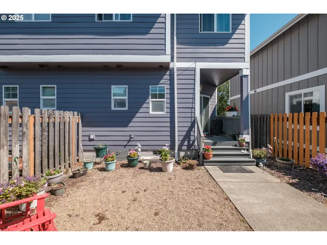 a view of a backyard with a chair and potted plants