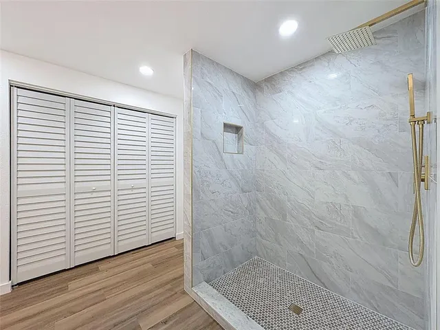 a view of a bathroom with a shower