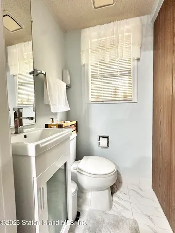 a bathroom with a sink toilet vanity and window