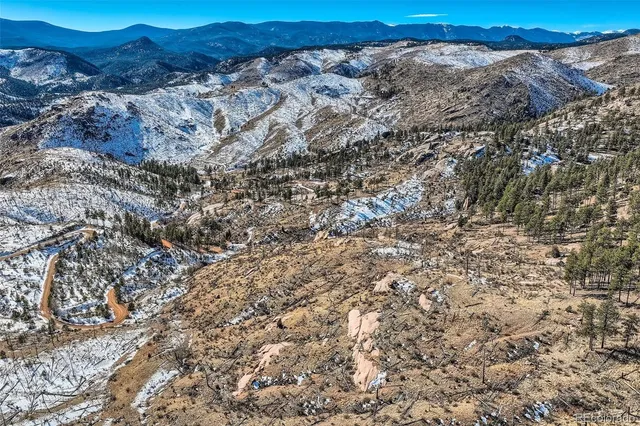 a view of a dry yard with green space and fog