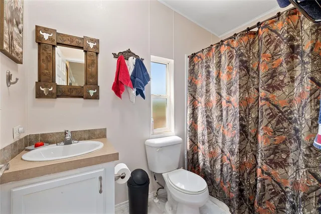 a bathroom with a toilet sink vanity and mirror
