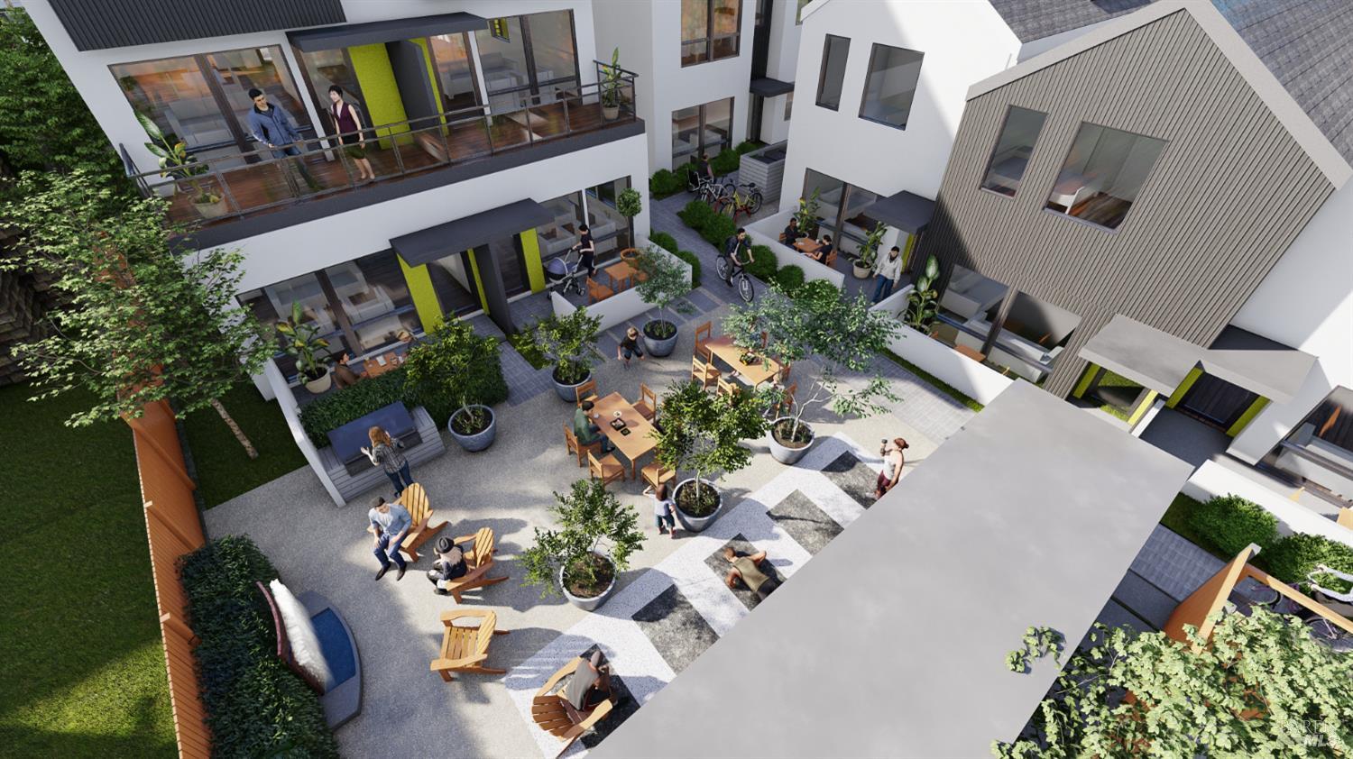 an aerial view of a house with garden space and street view