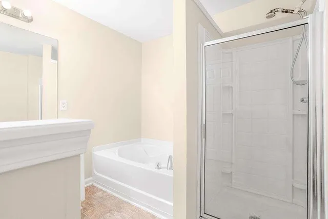 a bathroom with a bathtub and a shower