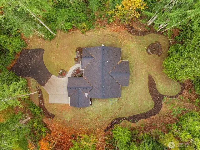 an aerial view of a house with swimming pool and large trees