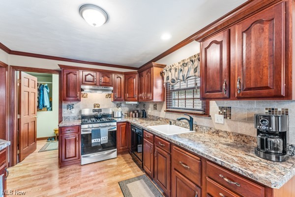 197 Mathews Road, Unit A Youngstown, OH 44512 - Photo 11 of 32 Kitchen with crown molding, black dishwasher, gas range, light hardwood / wood-style flooring, and sink