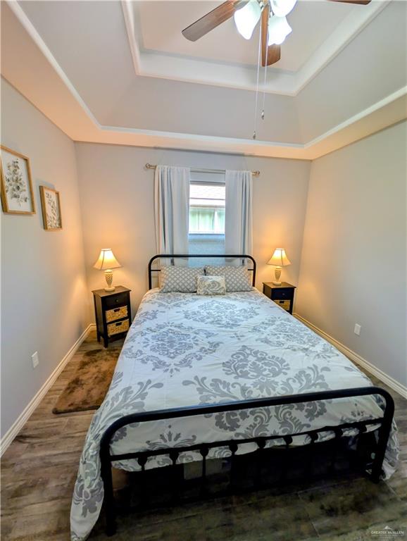 404 Jupiter Street Mission, TX 78572 - Photo 14 of 22 Guest bedroom with a ceiling fan, and raised ceiling.