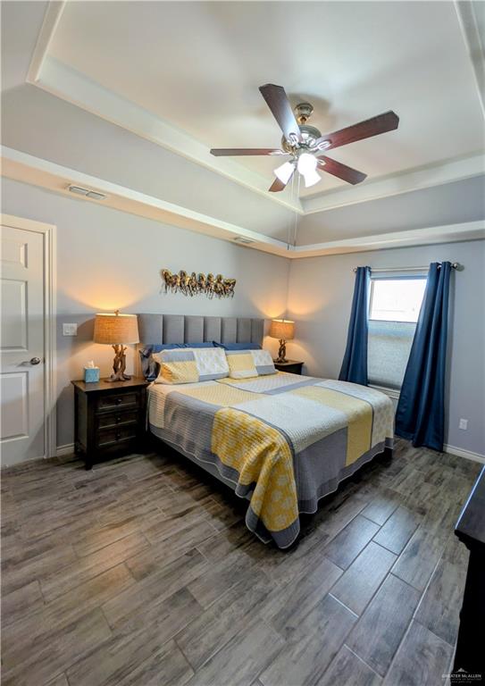 404 Jupiter Street Mission, TX 78572 - Photo 9 of 22 Main bedroom with a trey ceiling, wood-style tile floors, and ceiling fan.