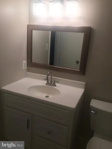 a bathroom with a sink vanity and a toilet