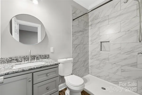 a bathroom with a granite countertop toilet sink and mirror