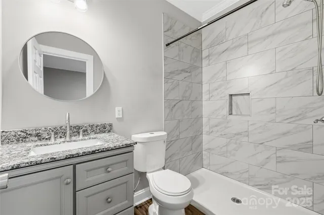 a bathroom with a granite countertop toilet sink and mirror
