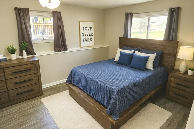 a bedroom with a bed and window