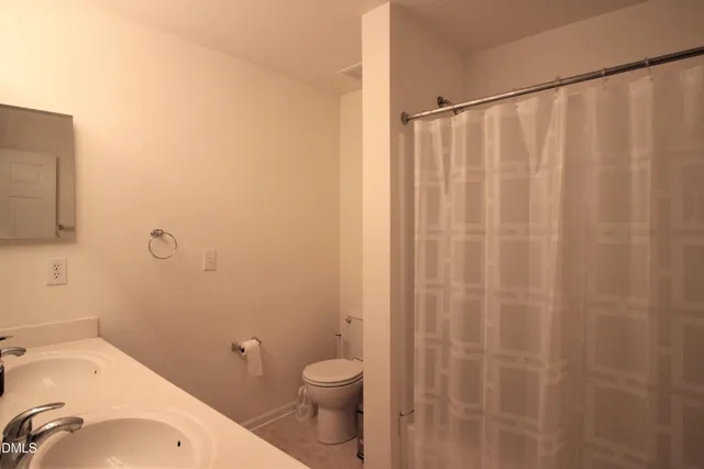 a bathroom with a sink a toilet and shower curtain
