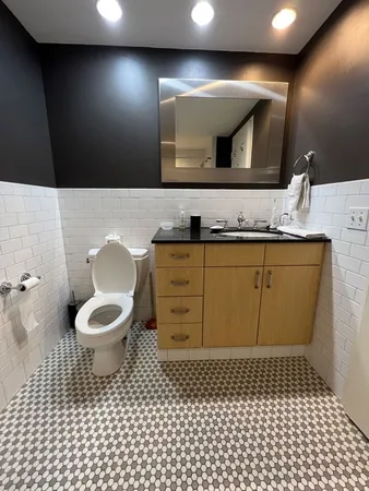 a bathroom with a toilet a sink and mirror