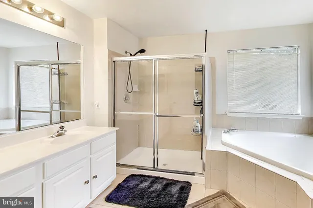 a bathroom with a tub shower sink vanity and a mirror