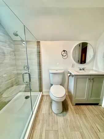 a bathroom with a toilet a sink and mirror