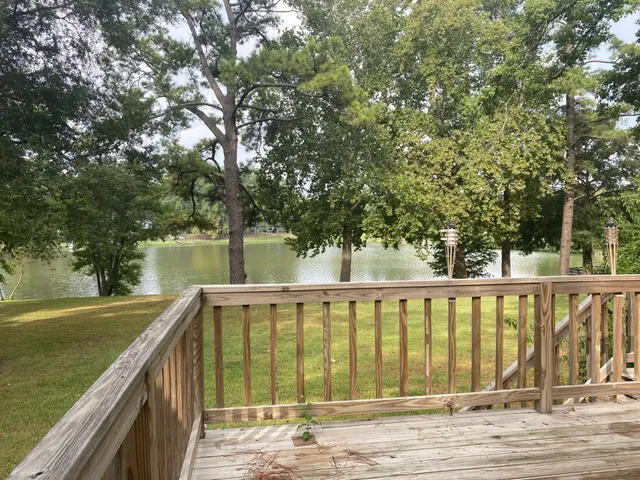 a view of swimming pool and trees in the background