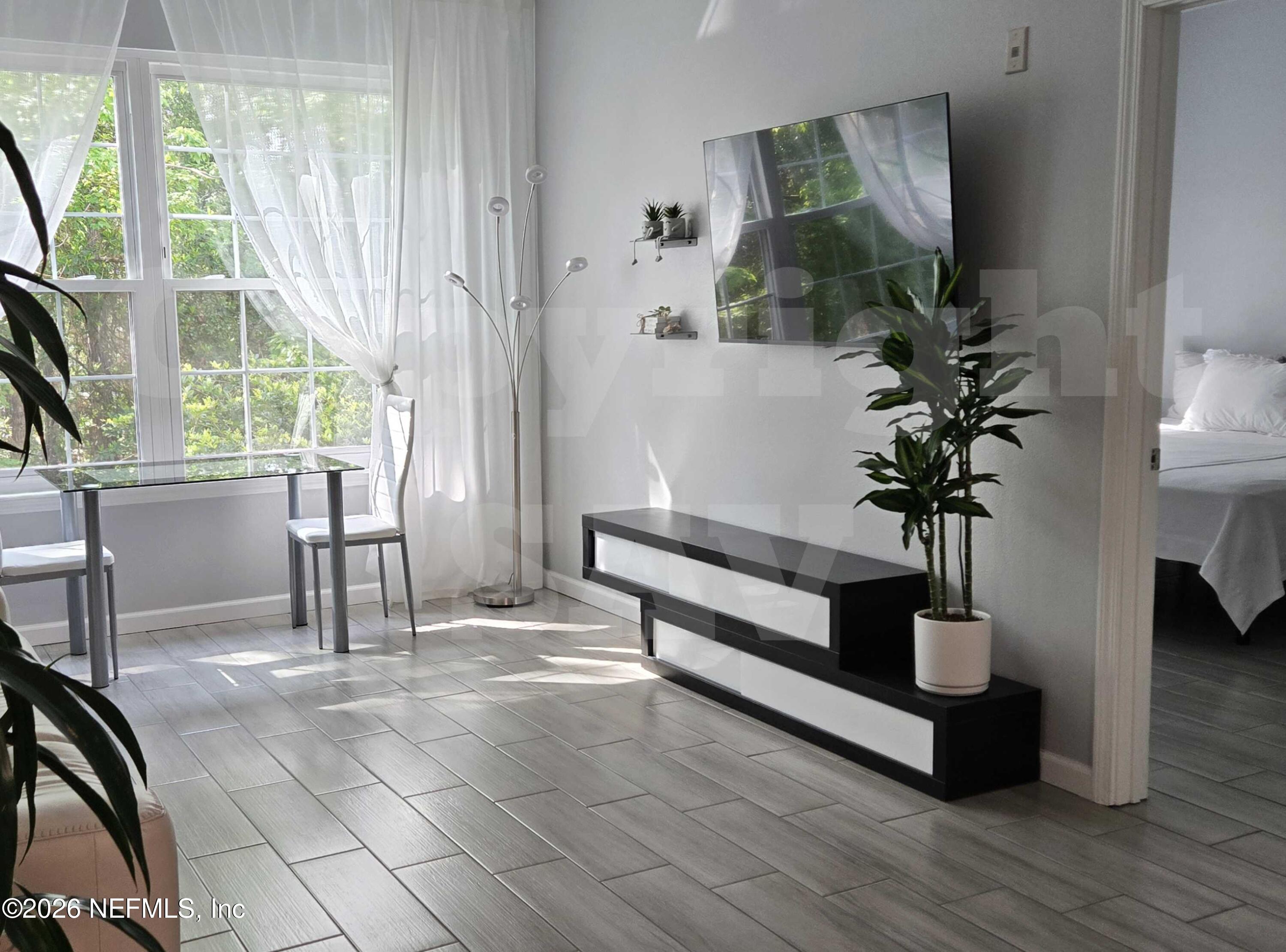 a living room with furniture and a potted plant