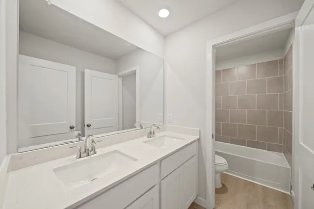 a bathroom with a bathtub sink vanity and a mirror