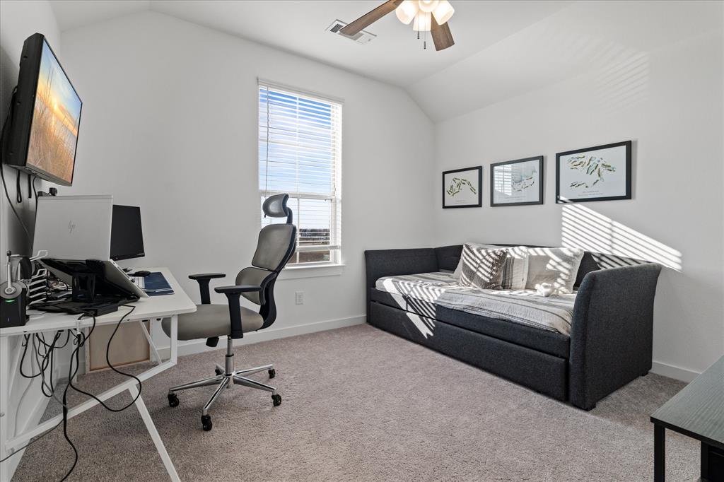 1332 Thompson Road Argyle, TX 76226 - Photo 22 of 36 Office featuring vaulted ceiling, a ceiling fan, and light carpet