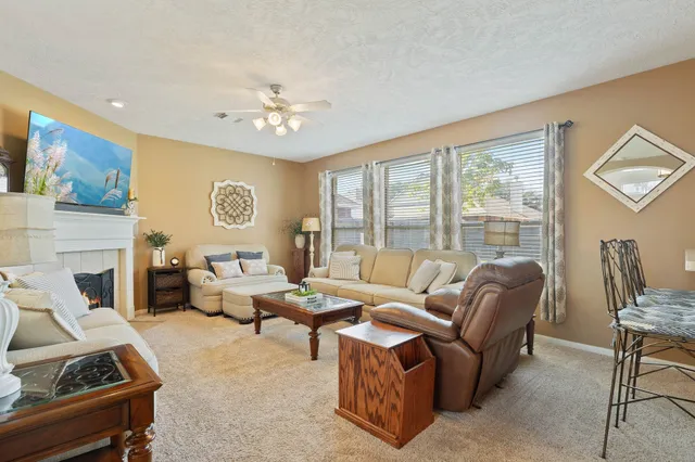 a living room with furniture and a fireplace