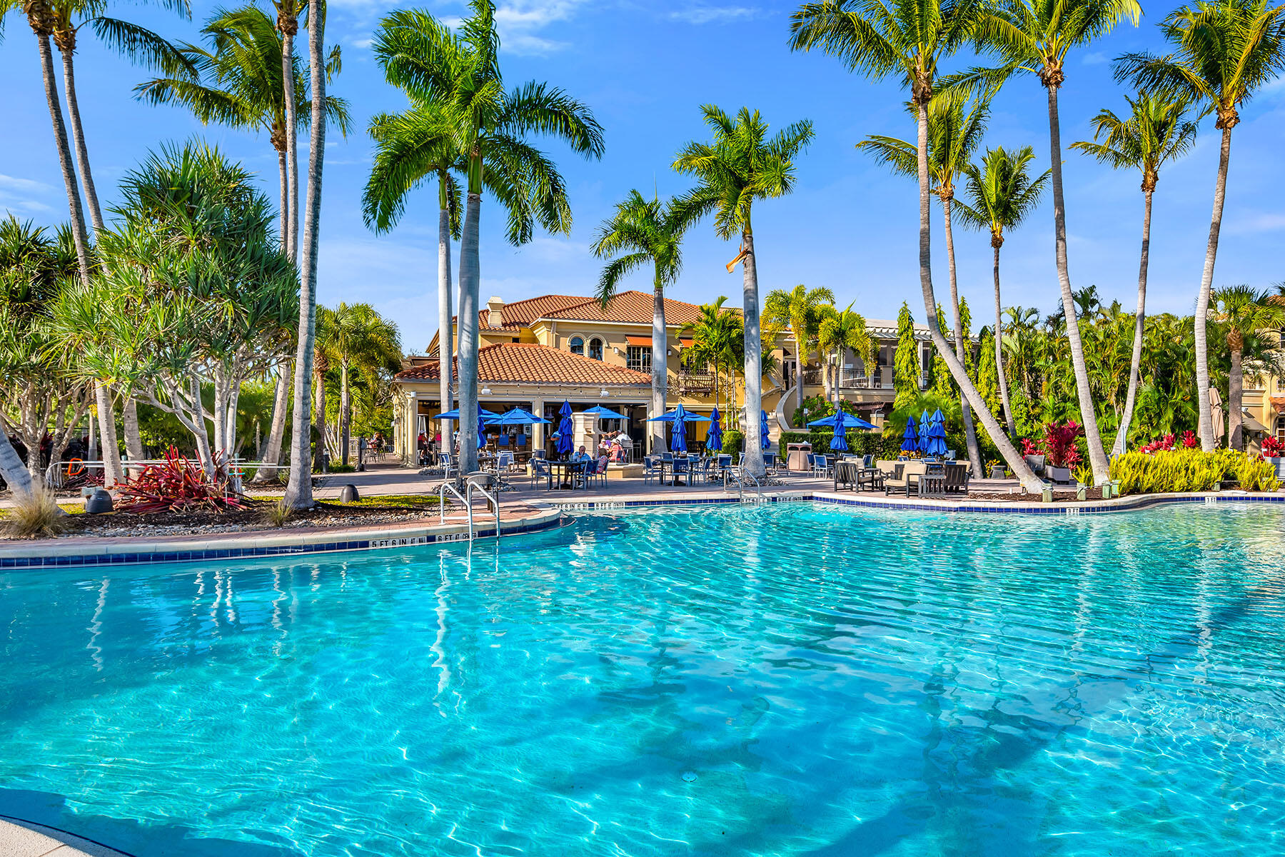 1285 Rialto Way, Unit 102 Naples, FL 34114 - Photo 30 of 49 a view of a swimming pool with a bench and palm trees