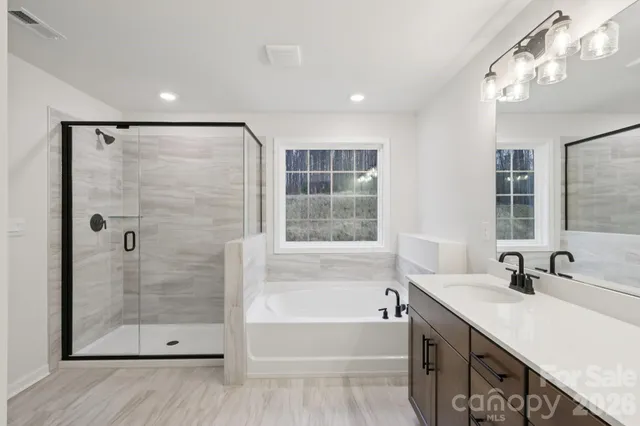 a bathroom with a tub sink shower and mirror