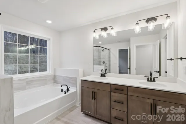 a bathroom with a tub a sink and mirror