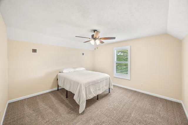 a view of a backyard with table and chairs plants and large trees